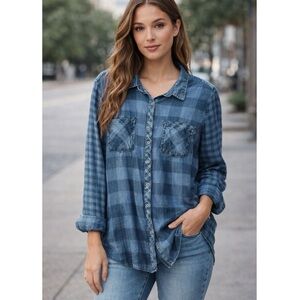 Billy T button back denim shirt in mixed plaid